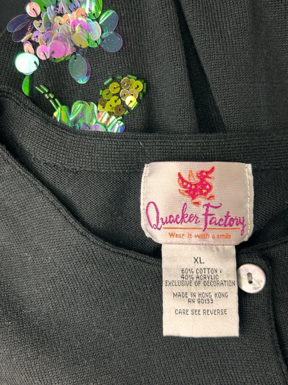 Vintage Quacker Factory XL Black Sequin Floral Cardigan Sweater Embellished - Picture 6 of 8